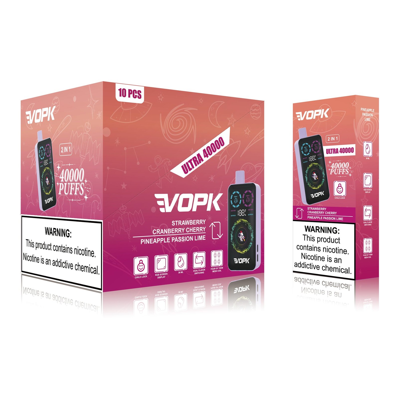 VOPK ULTRA 40000 40K Puffs Double Taste RGD Screen Display Disposable Vape in Strawberry Cranberry Cherry / Pineapple Passion Lime flavor