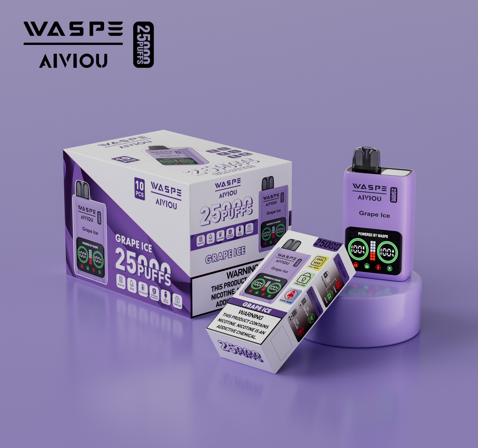 WASPE 25000 25K Puffs Edition LCD Display Disposable Vape in 10. Grape Ice flavor