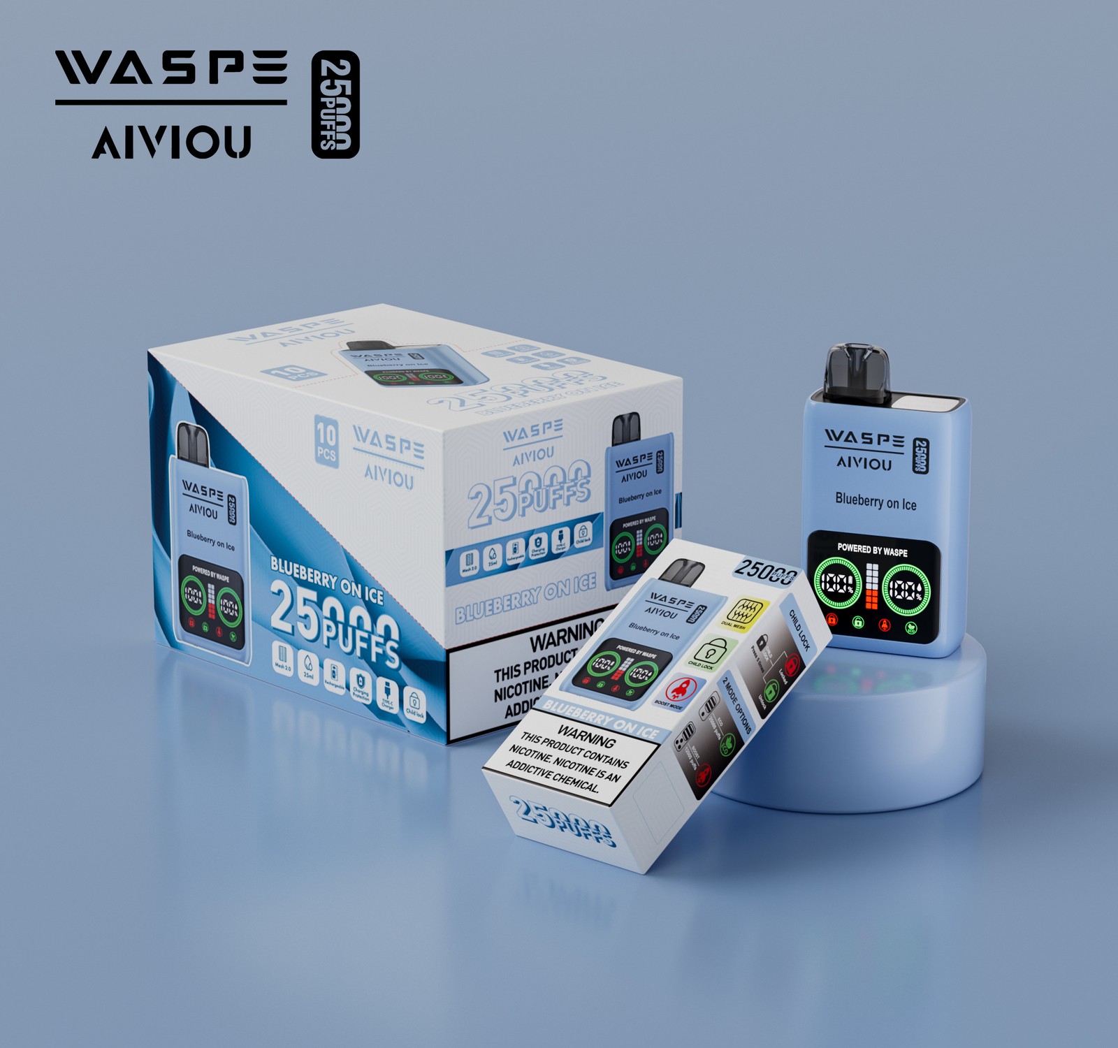 WASPE 25000 25K Puffs Edition LCD Display Disposable Vape in 2. Blueberry On Ice flavor