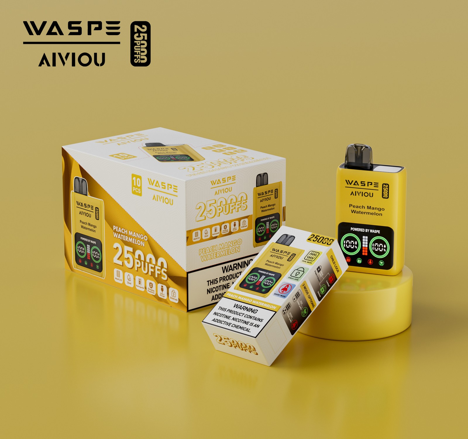 WASPE 25000 25K Puffs Edition LCD Display Disposable Vape in 6. Peach Mango Watermelon flavor