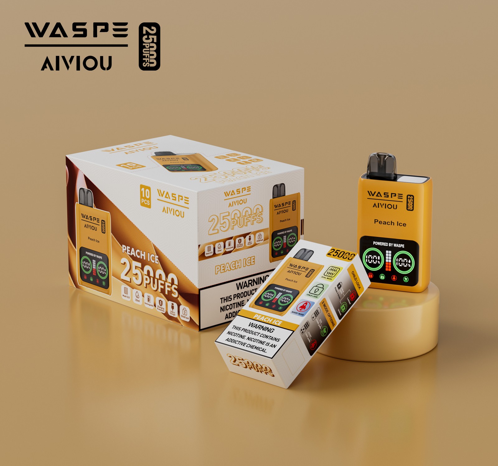WASPE 25000 25K Puffs Edition LCD Display Disposable Vape in 8. Peach Ice flavor