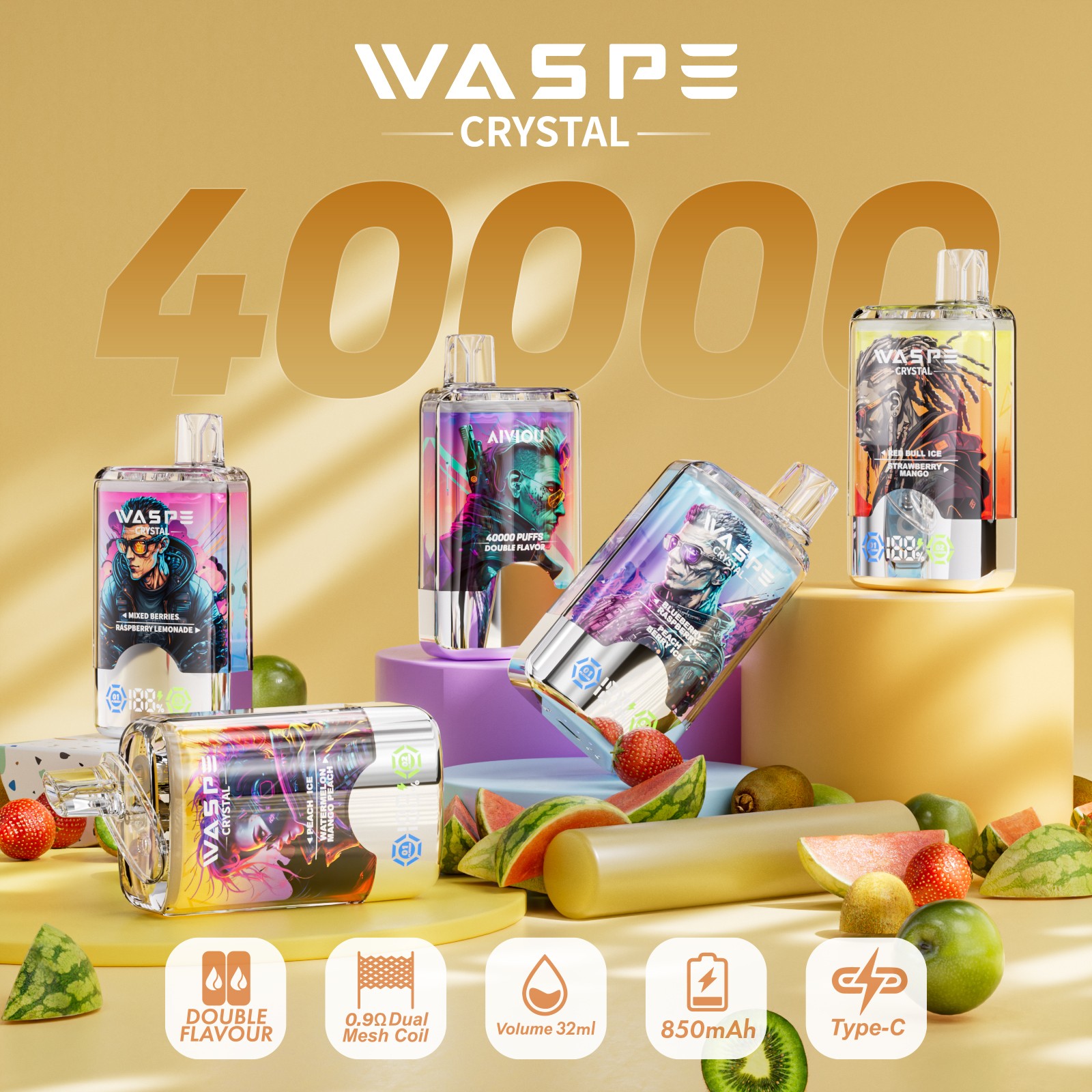 WASPE Crystal 40000 40K Puffs Double Taste LCD Display Disposable Vape product image
