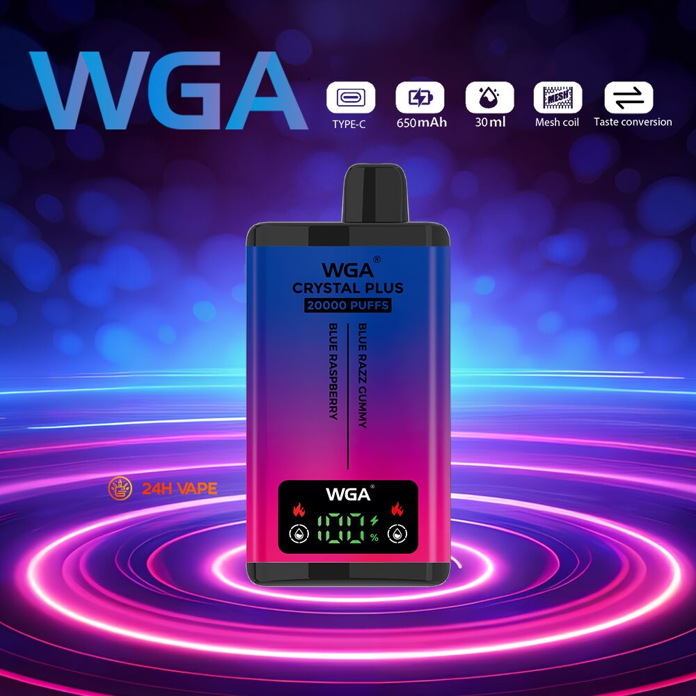 WGA Crystal Plus 20000 20K Puffs 5% Nicotine Double Taste LCD Display Disposable Vape in wga 20000 blue razz gummy blue raspberry flavor