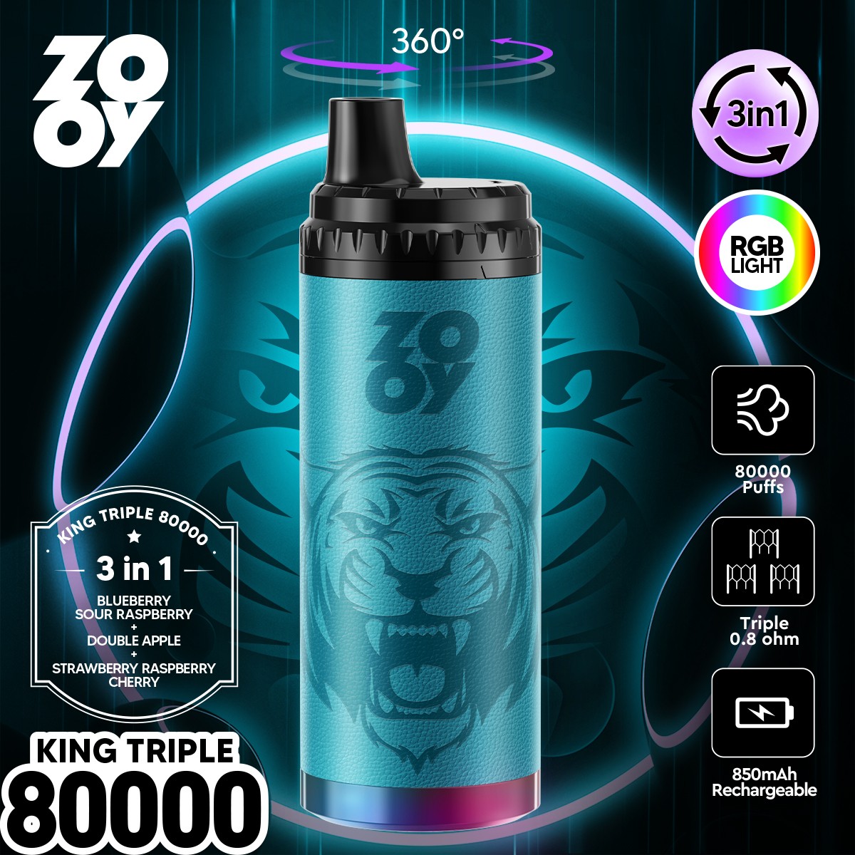 ZOOY King Triple 80000 80K Puffs 3 in 1 Flavors Rechargeable RGB Light Disposable Vape in Blueberry Sour Raspberry & Double Apple & Strawberry Raspberry