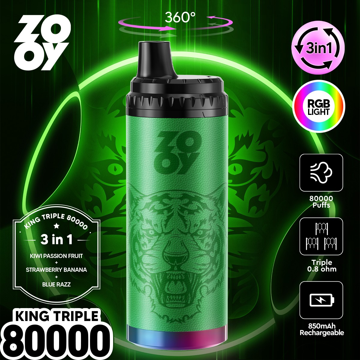 ZOOY King Triple 80000 80K Puffs 3 in 1 Flavors Rechargeable RGB Light Disposable Vape in Kiwi Passion Fruit & Strawberry Banana & Blue Razz flavor