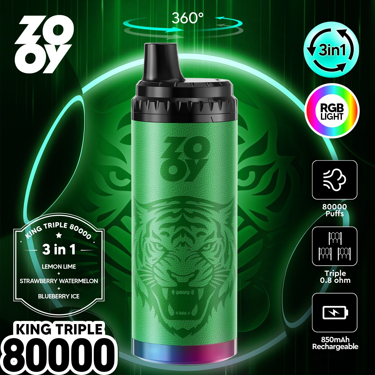 ZOOY King Triple 80000 80K Puffs 3 in 1 Flavors Rechargeable RGB Light Disposable Vape in Lemon Lime & Strawberry Watermelon & Blueberry Ice flavor