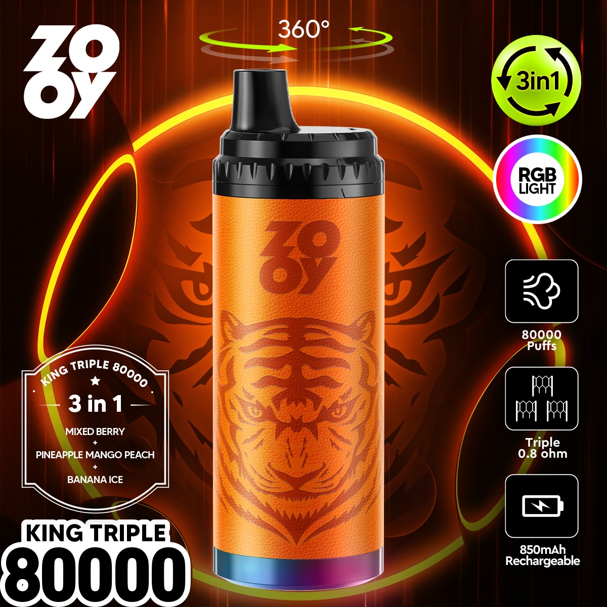 ZOOY King Triple 80000 80K Puffs 3 in 1 Flavors Rechargeable RGB Light Disposable Vape in Mixed Berry & Pineapple Mango Peach & Banana Ice flavor