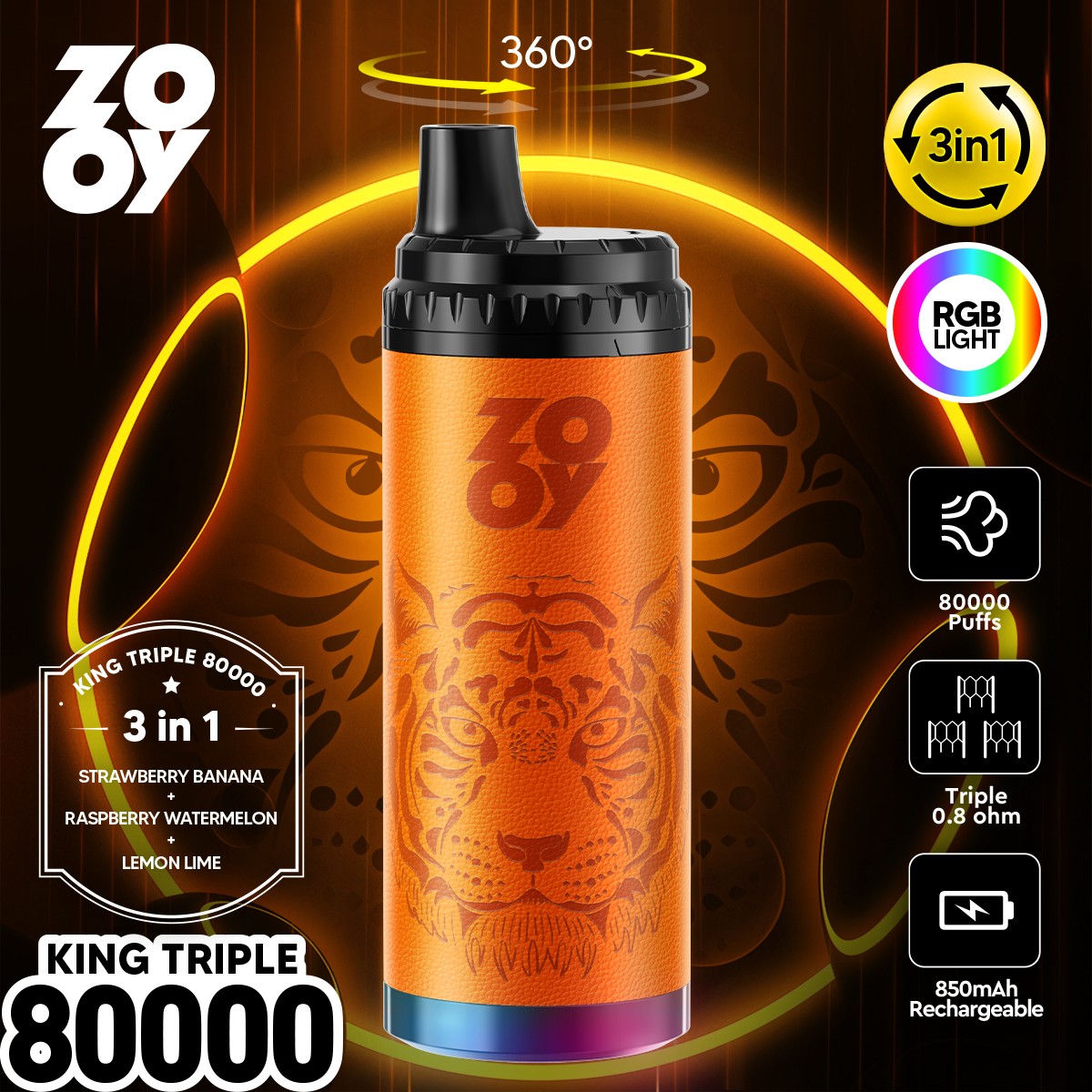 ZOOY King Triple 80000 80K Puffs 3 in 1 Flavors Rechargeable RGB Light Disposable Vape in Strawberry Banana & Raspberry Watermelon & Lemon Lime flavor