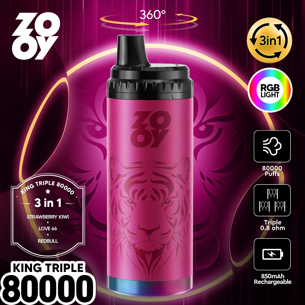 ZOOY King Triple 80000 80K Puffs 3 in 1 Flavors Rechargeable RGB Light Disposable Vape in Strawberry Kiwi & Love 66 & Red Bull flavor