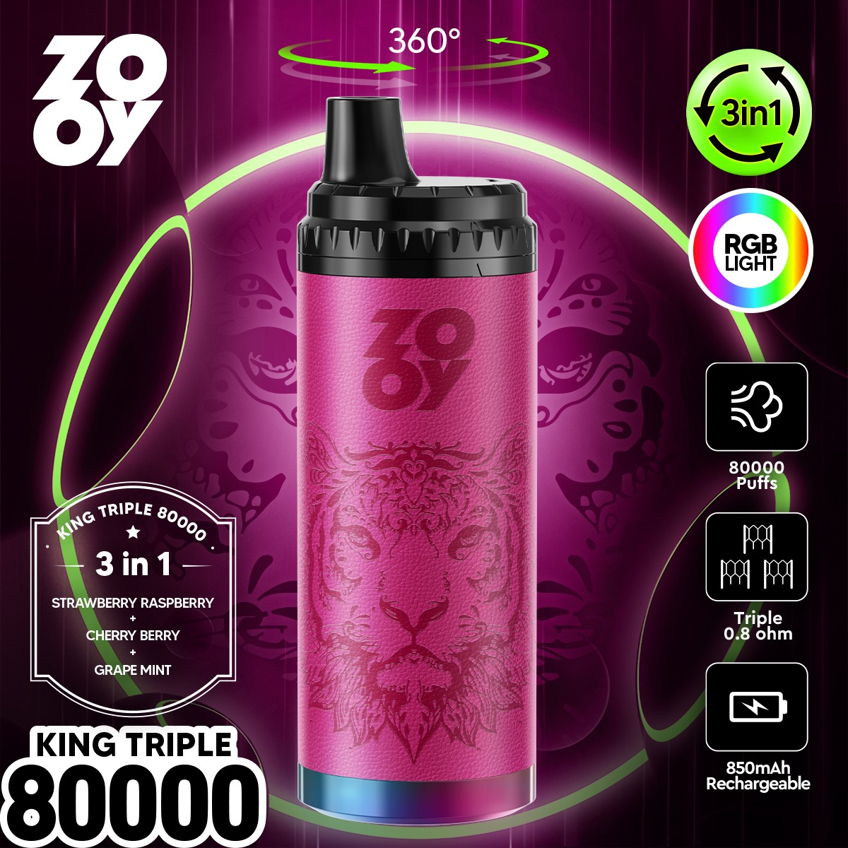 ZOOY King Triple 80000 80K Puffs 3 in 1 Flavors Rechargeable RGB Light Disposable Vape in Strawberry Raspberry & Cherry Berry & Grape Mint flavor