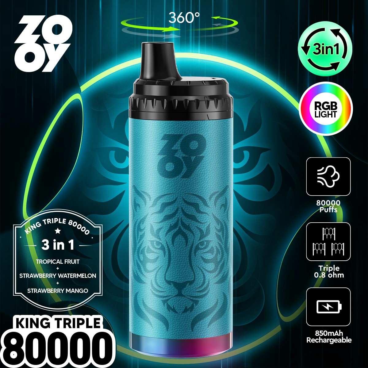 ZOOY King Triple 80000 80K Puffs 3 in 1 Flavors Rechargeable RGB Light Disposable Vape in Tropical Fruit & Strawberry Watermelon & Strawberry Mango flavor