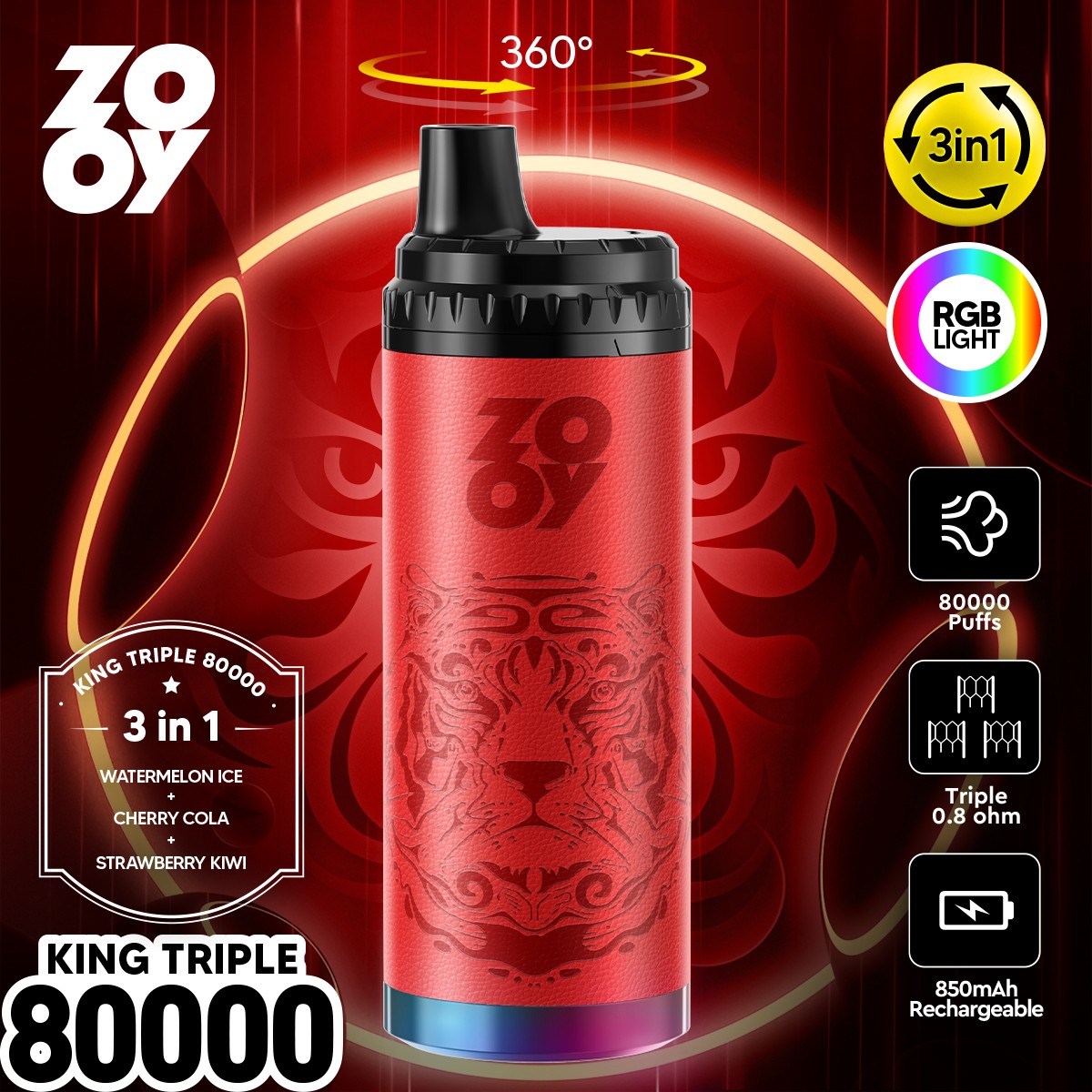 ZOOY King Triple 80000 80K Puffs 3 in 1 Flavors Rechargeable RGB Light Disposable Vape in Watermelon Ice & Cherry Cola & Strawberry Kiwi flavor