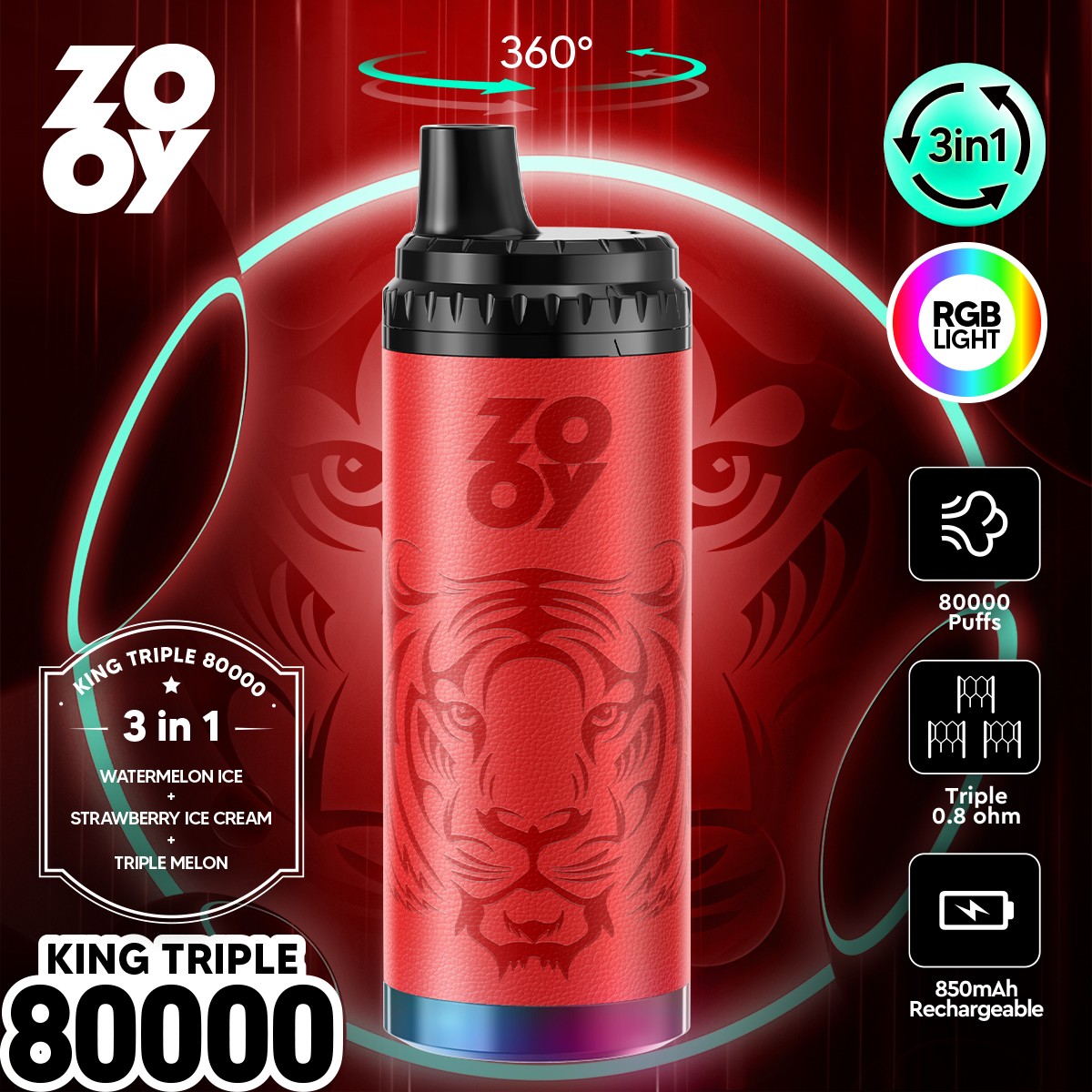 ZOOY King Triple 80000 80K Puffs 3 in 1 Flavors Rechargeable RGB Light Disposable Vape in Watermelon Ice & Strawberry Ice Cream & Triple Melon flavor