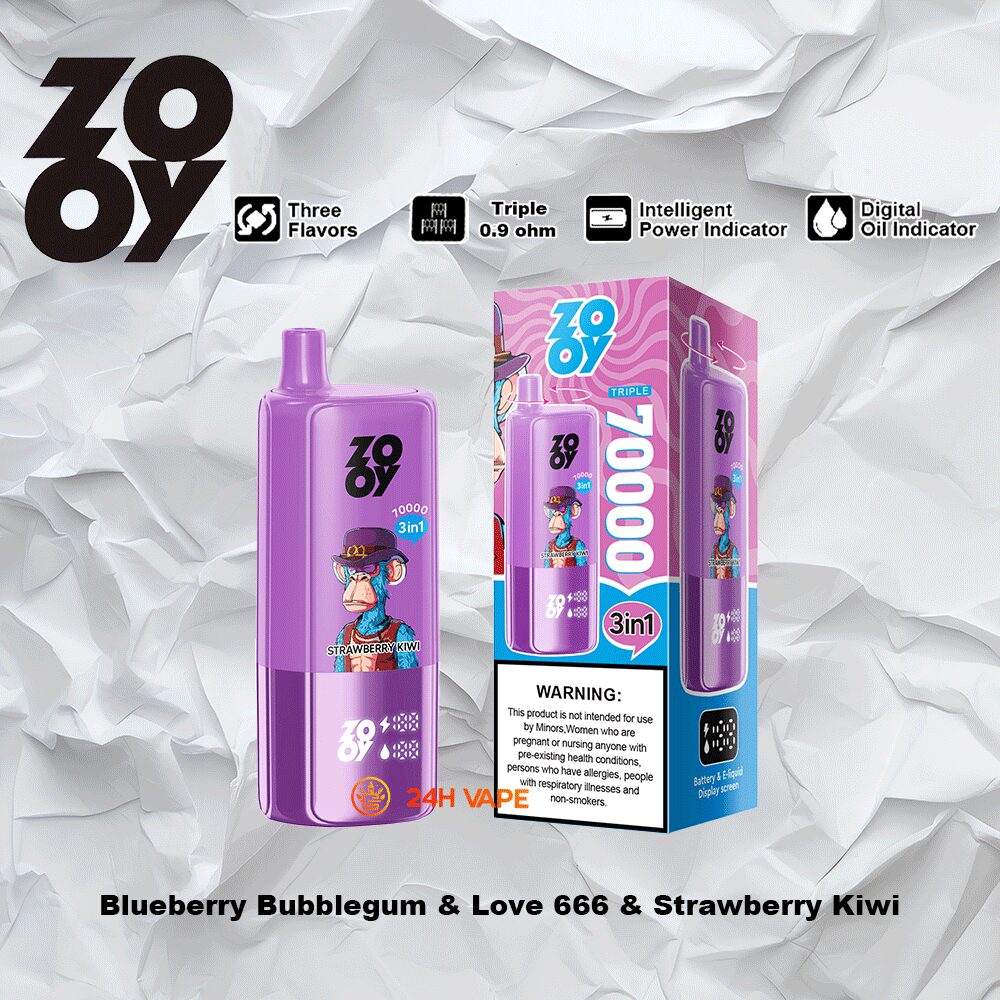 ZOOY Trlple 70000 70k Puffs 3 in 1 Flavors Rechargeable LCD Display Disposable Vape in Blueberry Bubblegum & Love 666 & Strawberry Kiwi flavor