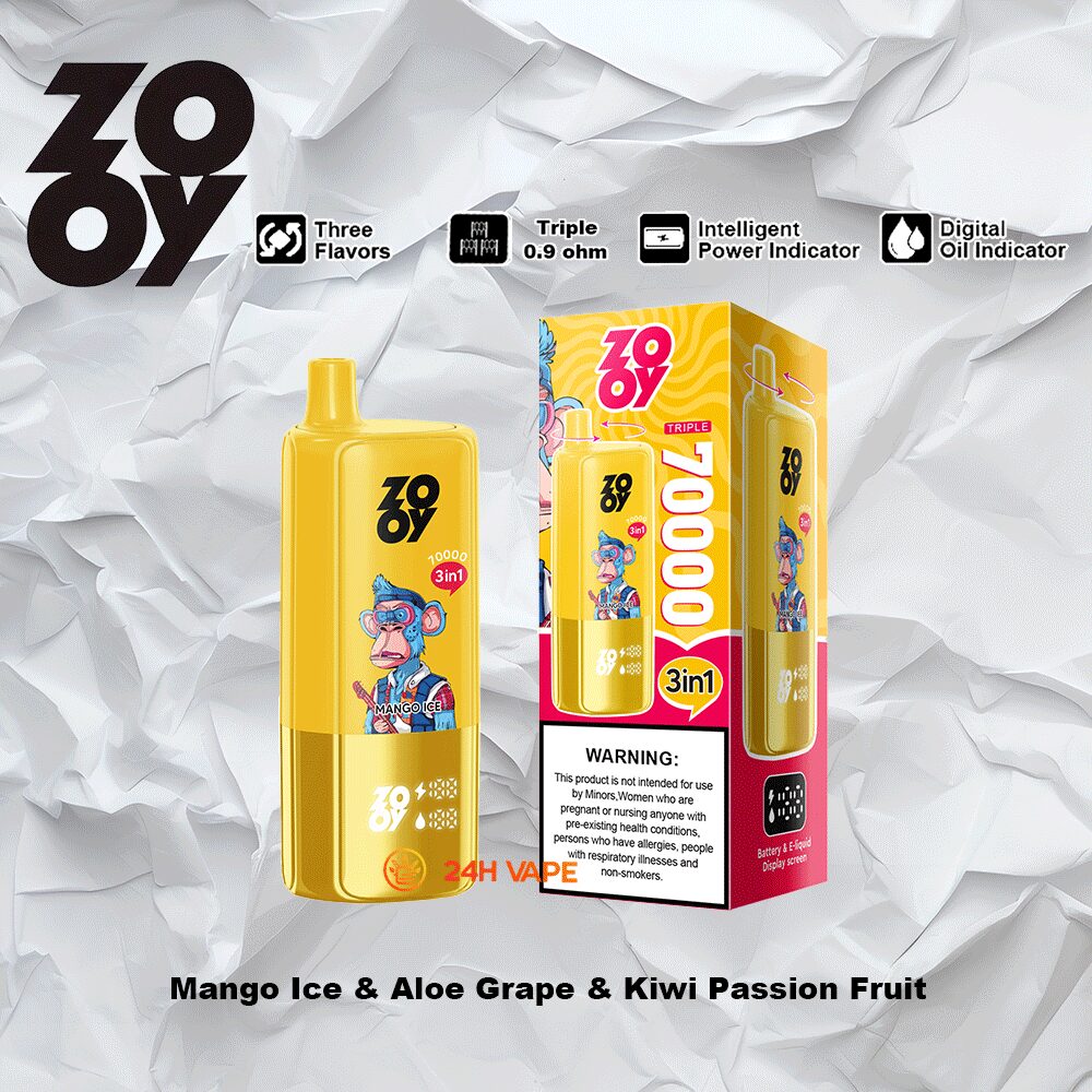 ZOOY Trlple 70000 70k Puffs 3 in 1 Flavors Rechargeable LCD Display Disposable Vape in Mango Ice & Aloe Grape & Kiwi Passion Fruit flavor