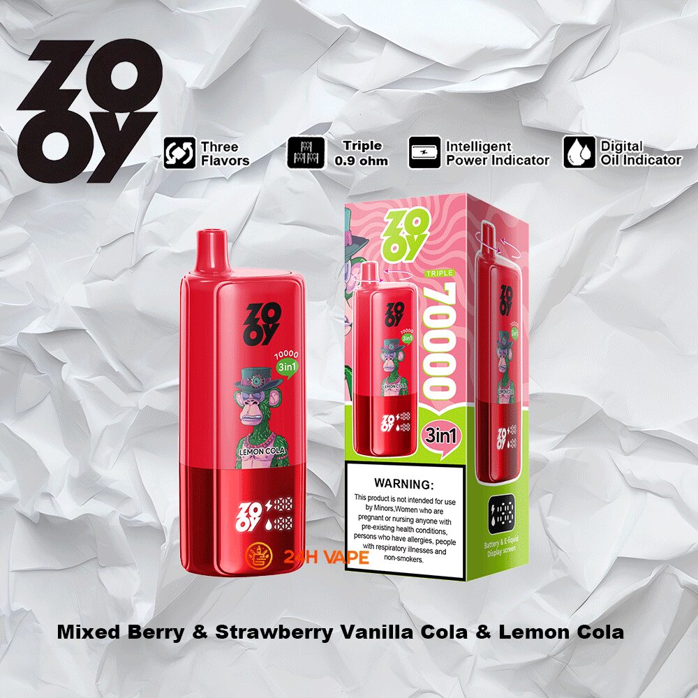 ZOOY Trlple 70000 70k Puffs 3 in 1 Flavors Rechargeable LCD Display Disposable Vape in Mixed Berry & Strawberry Vanilla Cola & Lemon Cola flavor