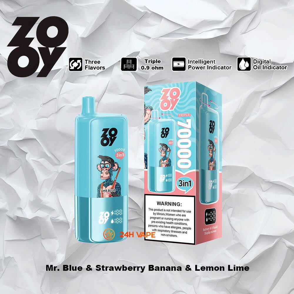 ZOOY Trlple 70000 70k Puffs 3 in 1 Flavors Rechargeable LCD Display Disposable Vape in Mr. Blue & Strawberry Banana & Lemon Lime flavor