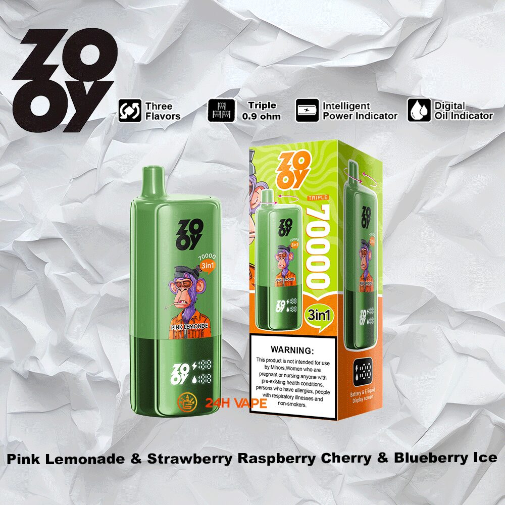 ZOOY Trlple 70000 70k Puffs 3 in 1 Flavors Rechargeable LCD Display Disposable Vape in Pink Lemonade & Strawberry Raspberry Cherry & Blueberry Ice flavor