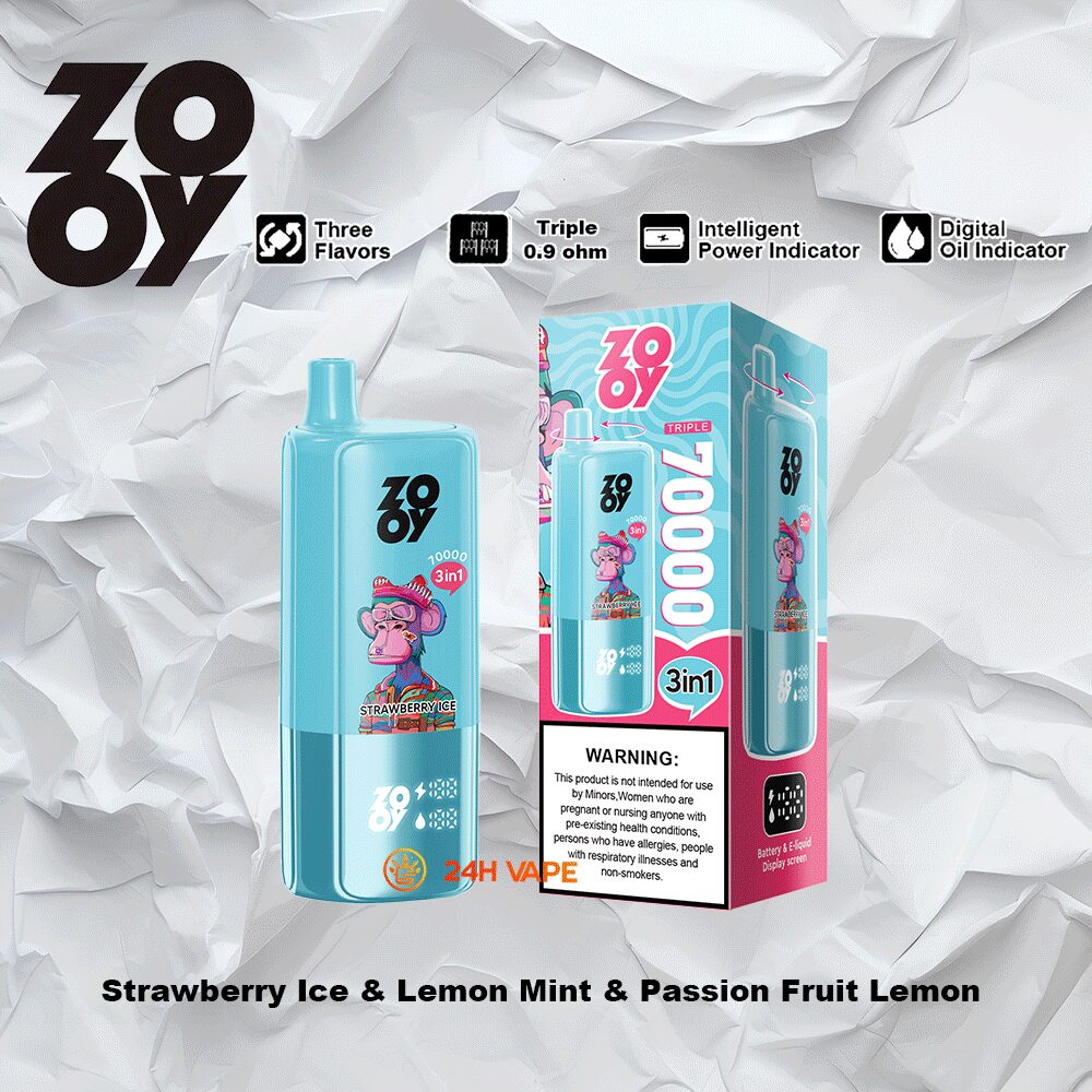 ZOOY Trlple 70000 70k Puffs 3 in 1 Flavors Rechargeable LCD Display Disposable Vape in Strawberry Ice & Lemon Mint & Passion Fruit Lemon flavor
