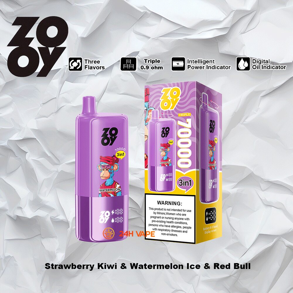 ZOOY Trlple 70000 70k Puffs 3 in 1 Flavors Rechargeable LCD Display Disposable Vape in Strawberry Kiwi & Watermelon Ice & Red Bull flavor