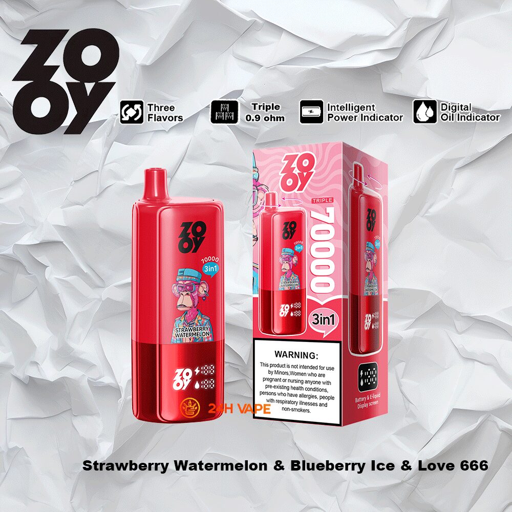 ZOOY Trlple 70000 70k Puffs 3 in 1 Flavors Rechargeable LCD Display Disposable Vape in Strawberry Watermelon & Blueberry Ice & Love 666 flavor