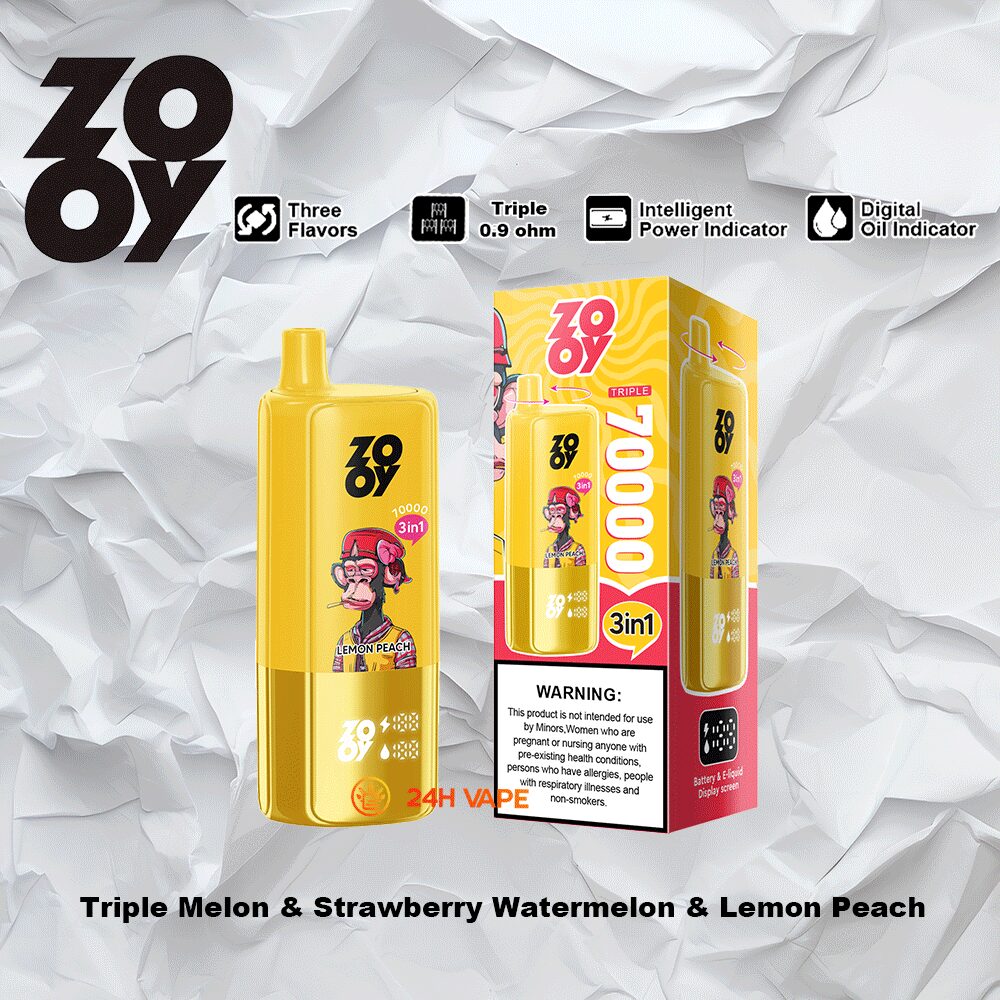 ZOOY Trlple 70000 70k Puffs 3 in 1 Flavors Rechargeable LCD Display Disposable Vape in Triple Melon & Strawberry Watermelon & Lemon Peach flavor