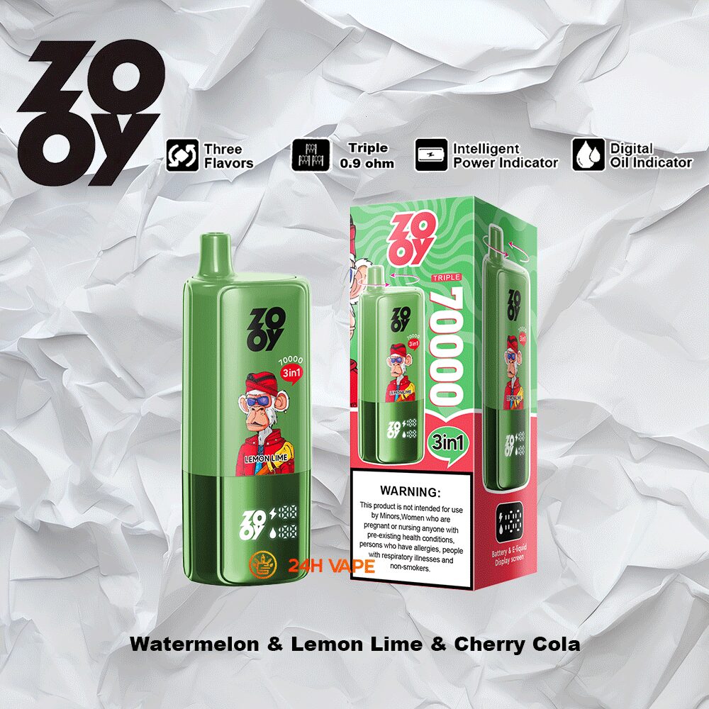 ZOOY Trlple 70000 70k Puffs 3 in 1 Flavors Rechargeable LCD Display Disposable Vape in Watermelon & Lemon Lime & Cherry Cola flavor