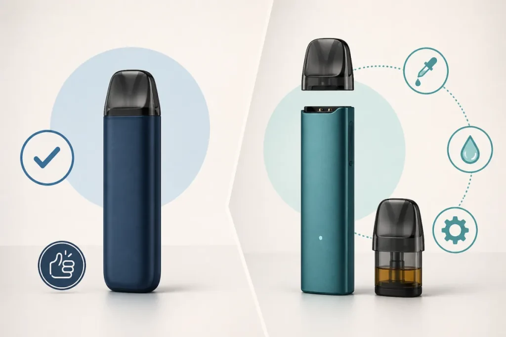 Side-by-side concept illustration of a closed disposable vape and a refillable pod device.